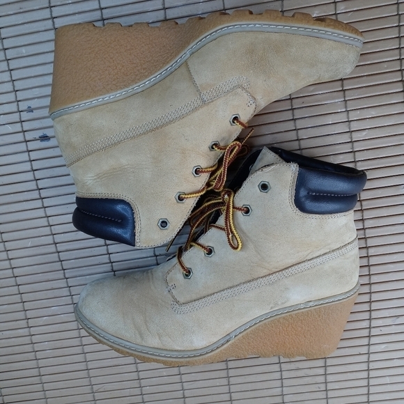 Timberland "Amston" Wedge Heel Wheat Nubuck paracord lace lug sole Boots 8251A - Picture 5 of 10